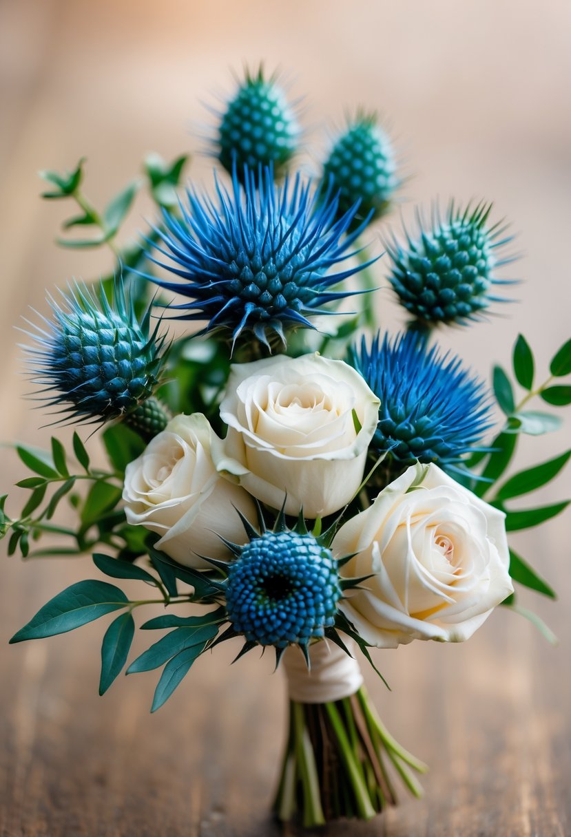A small wedding bouquet with blue thistles and white roses arranged together.