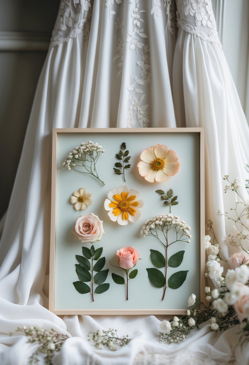 Pressed flower arrangement displayed in front of a white wedding dress.