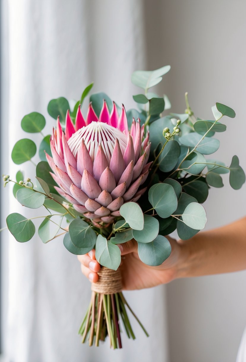 A small wedding bouquet featuring pink protea flowers and silver dollar eucalyptus leaves held against a neutral background.