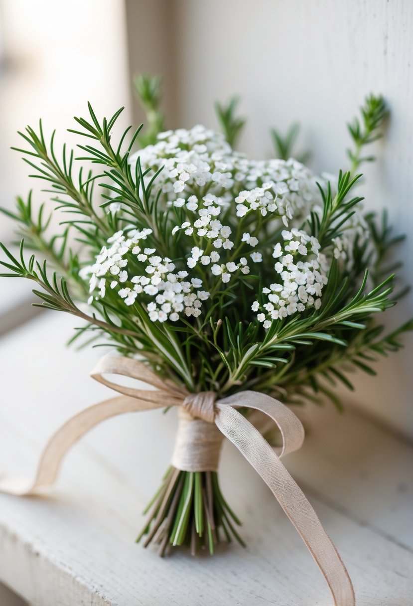 A small wedding bouquet made of white Sweet Alyssum flowers and green Rosemary leaves tied with a ribbon, resting on a wooden surface.