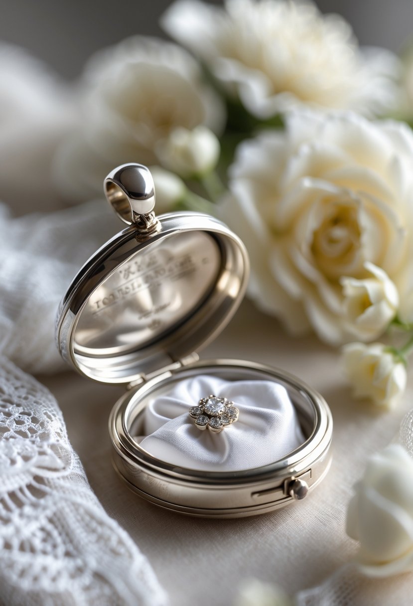 An open silver locket containing a small piece of white wedding dress fabric, placed on a soft surface with white flowers nearby.