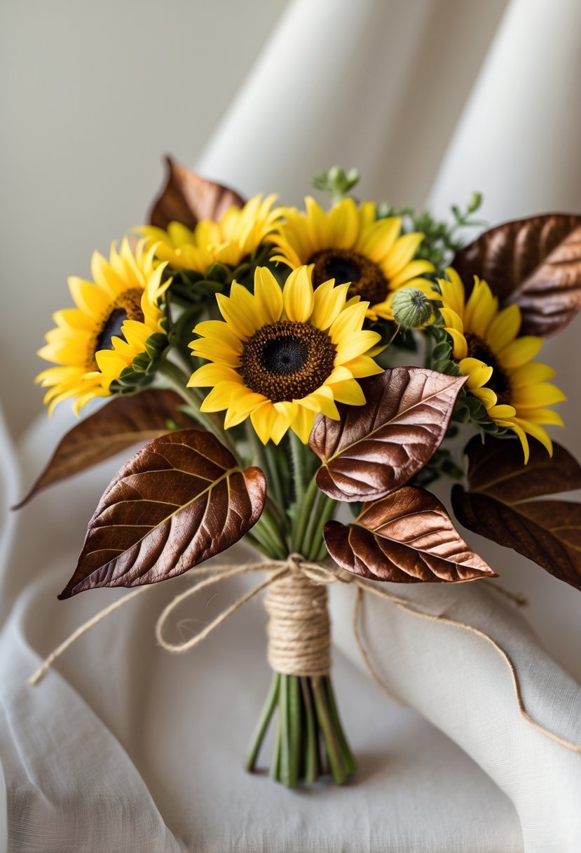 A small wedding bouquet with mini sunflowers and brown oak leaves tied together, displayed against a neutral background.