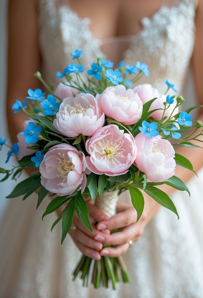A small wedding bouquet of pink mini peonies and blue forget-me-nots held by a bride in a white lace dress.