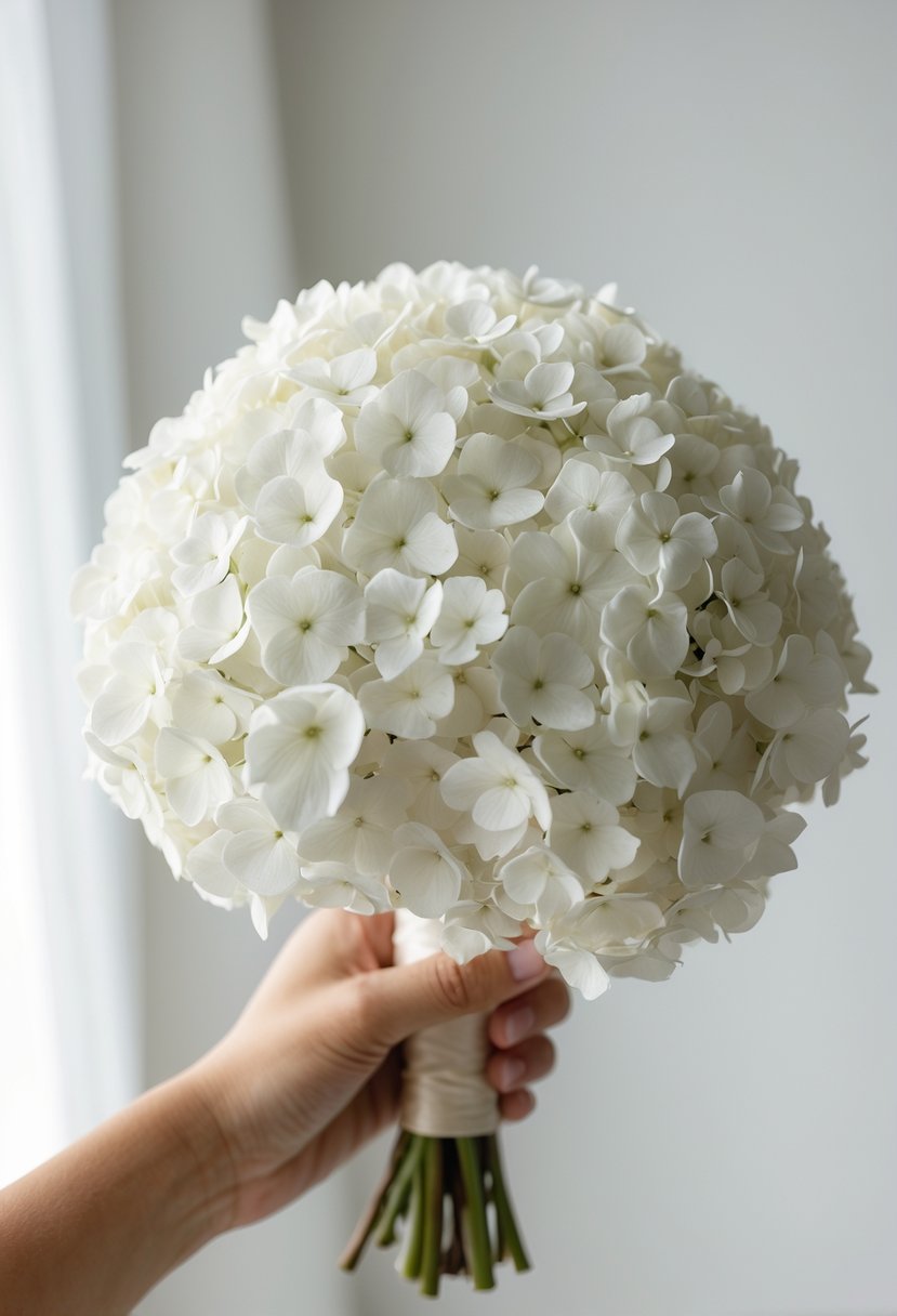 A small ball-shaped bouquet of white hydrangea flowers held by a hand against a plain background.