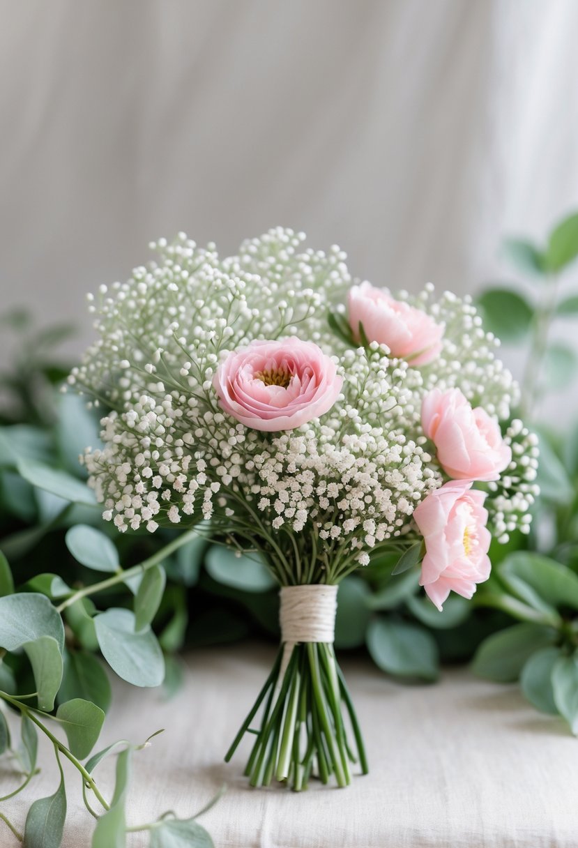 A small wedding bouquet of white Baby's Breath and pink Lisianthus flowers with green leaves.