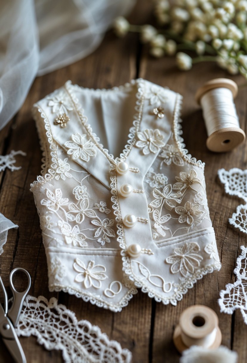 A small white lace ring bearer vest made from wedding dress fabric displayed on a wooden surface with sewing tools around it.