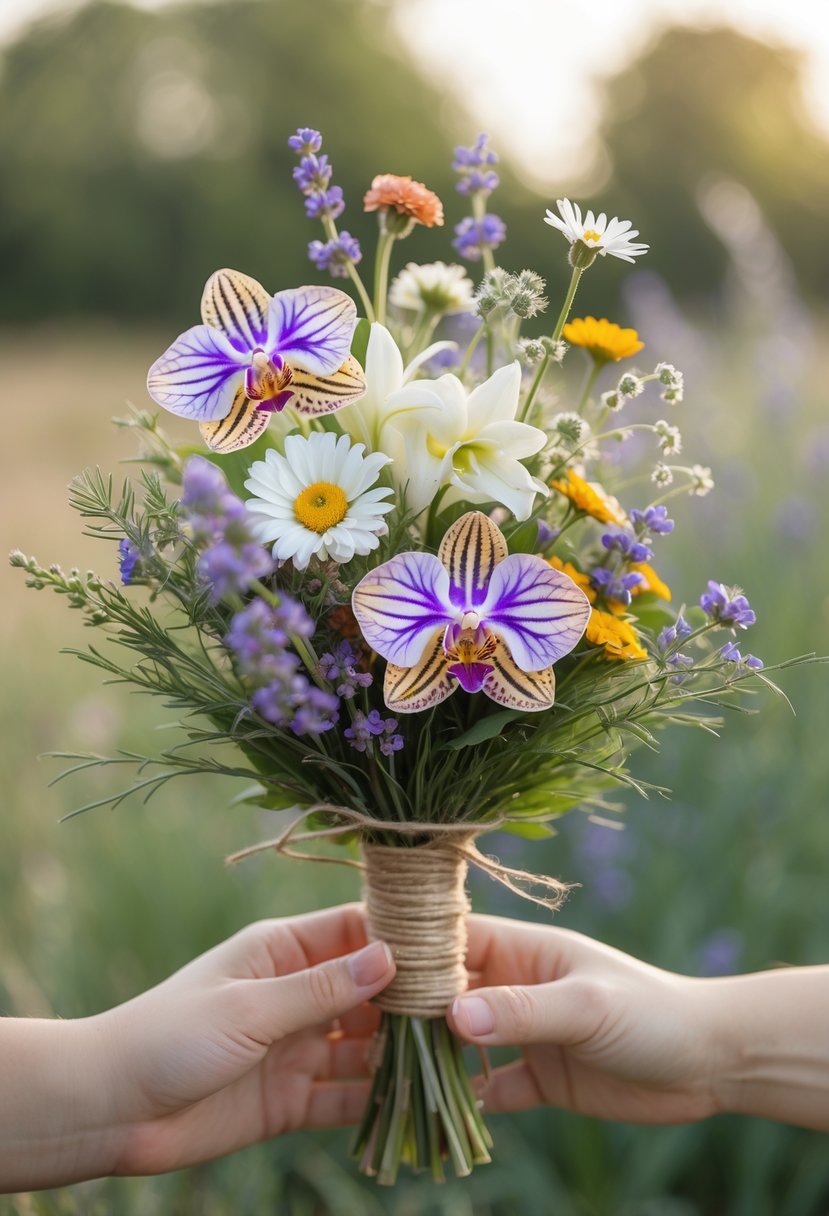 A small wedding bouquet of wildflowers and butterfly orchids held in hands against a blurred outdoor background.