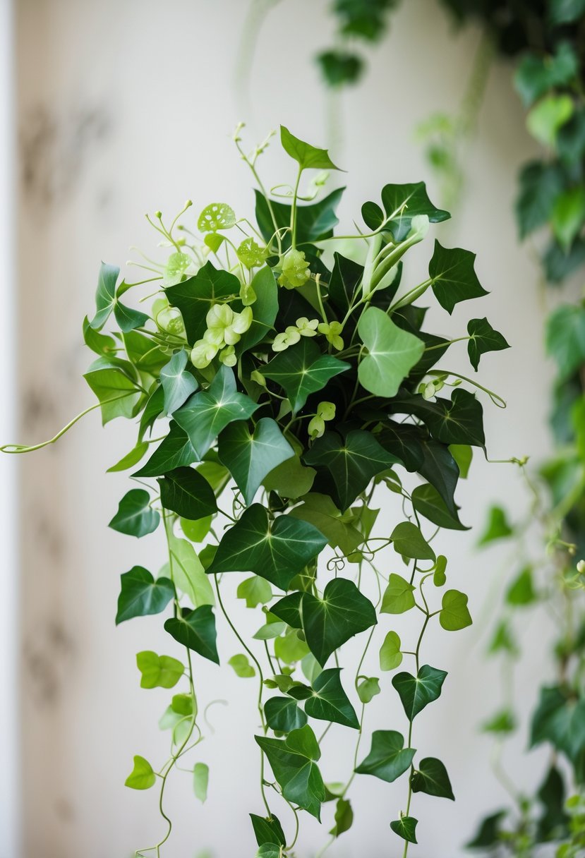 A small wedding bouquet with cascading ivy and green leaves on a neutral background.