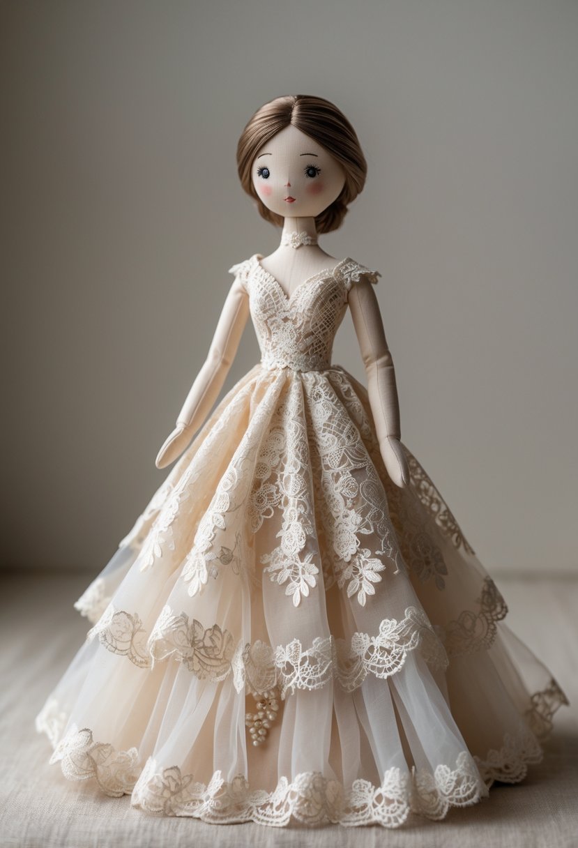 A handmade doll wearing a detailed wedding dress standing against a plain background.