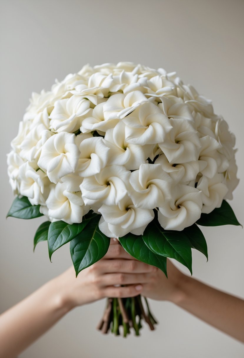 A small, round bouquet of white gardenia flowers held by hands against a neutral background.