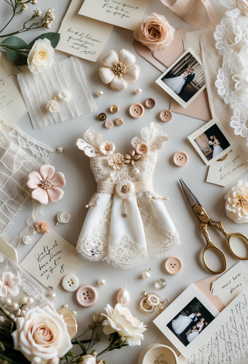 Flat lay of wedding dress scrapbook materials including lace, fabric flowers, buttons, beads, ribbons, handwritten notes, and vintage wedding photos on a wooden table.