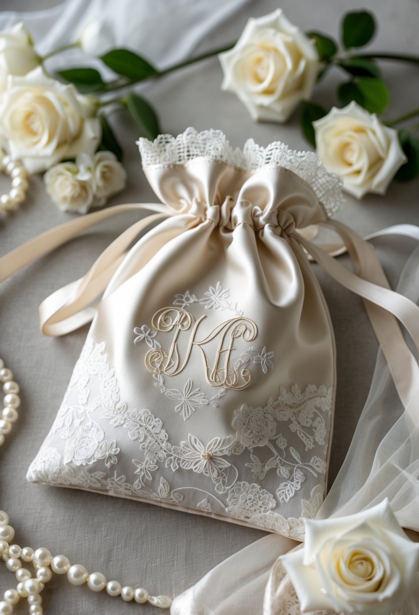 A monogrammed bag made from wedding dress fabric placed on a soft surface with white roses and pearl beads around it.