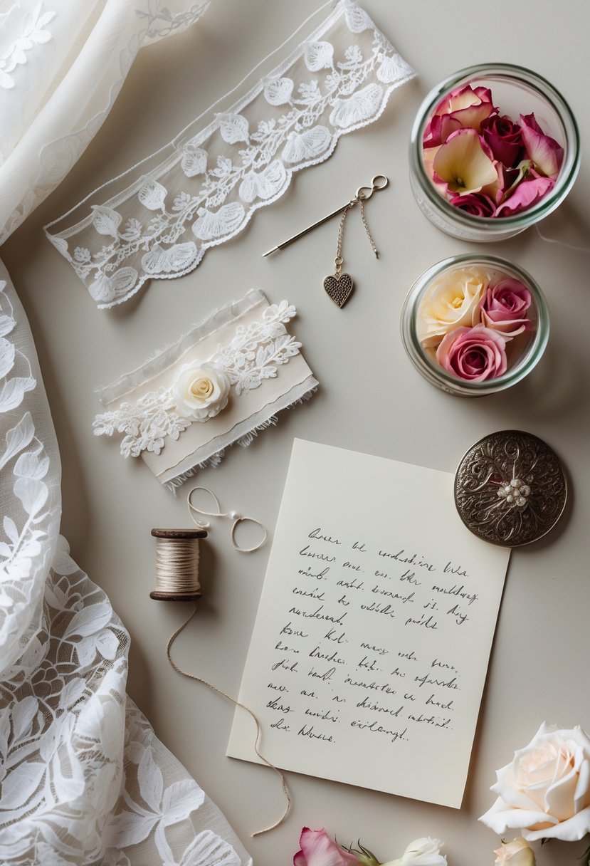 Flat lay of wedding dress keepsakes including lace swatches, sewing needle and thread, preserved rose petals in a jar, a handwritten note, and a silver locket on a neutral background.