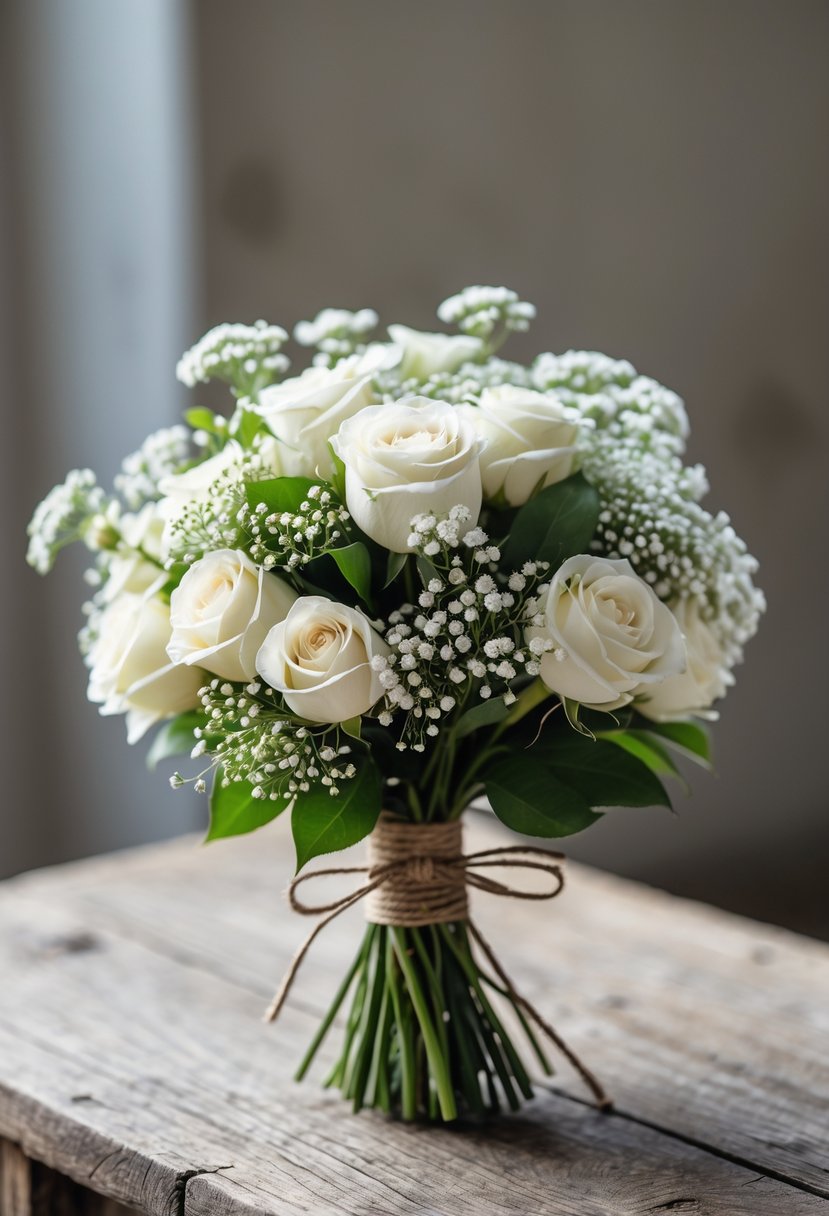 A small wedding bouquet of white roses and greenery resting on a wooden surface.
