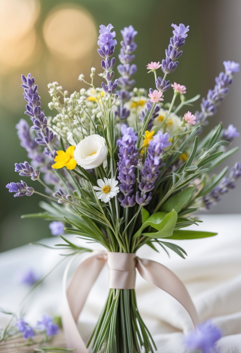 A small wedding bouquet made of lavender and wildflowers with green leaves, held together by a ribbon.