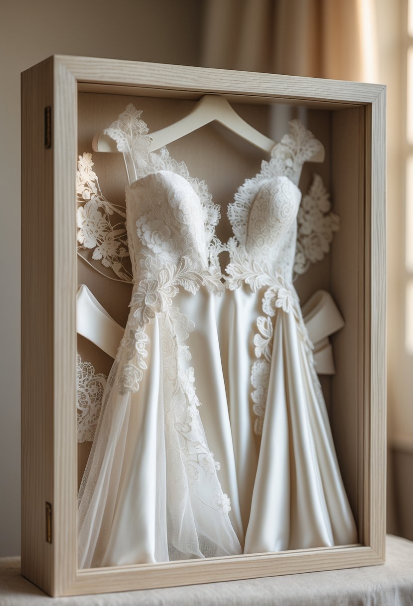 Shadow box display containing pieces of a white wedding dress fabric arranged inside on a neutral surface.