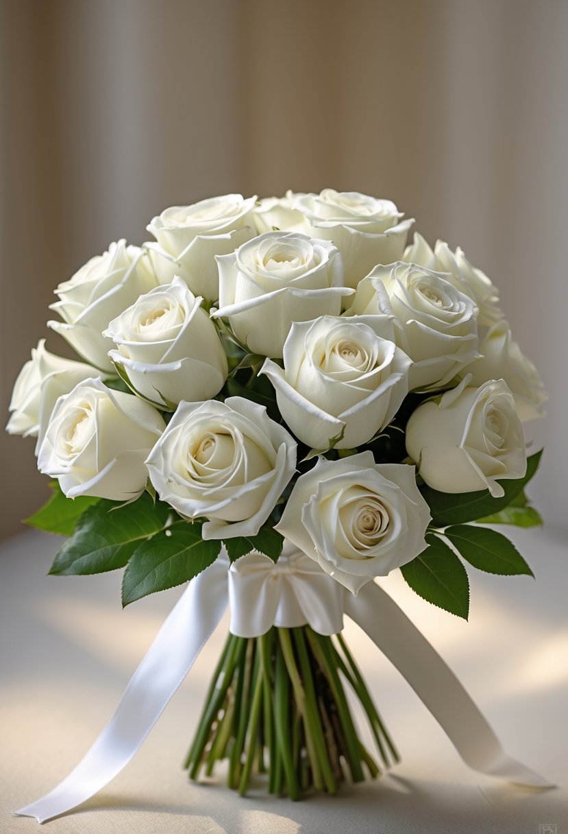 A small bouquet of white roses tied with a white ribbon against a softly blurred background.