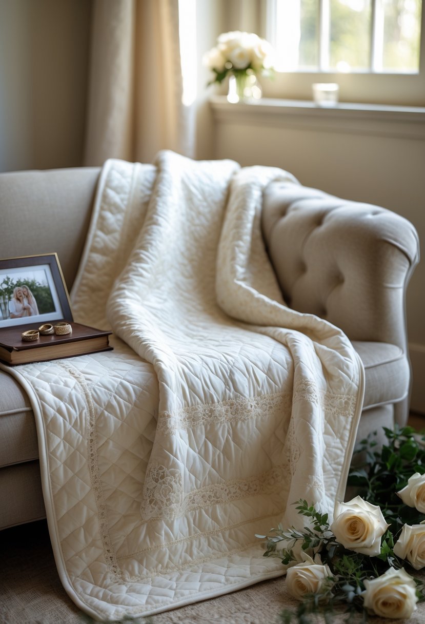 A custom quilted memory blanket made from wedding dress fabric draped over a sofa with wedding keepsakes nearby.