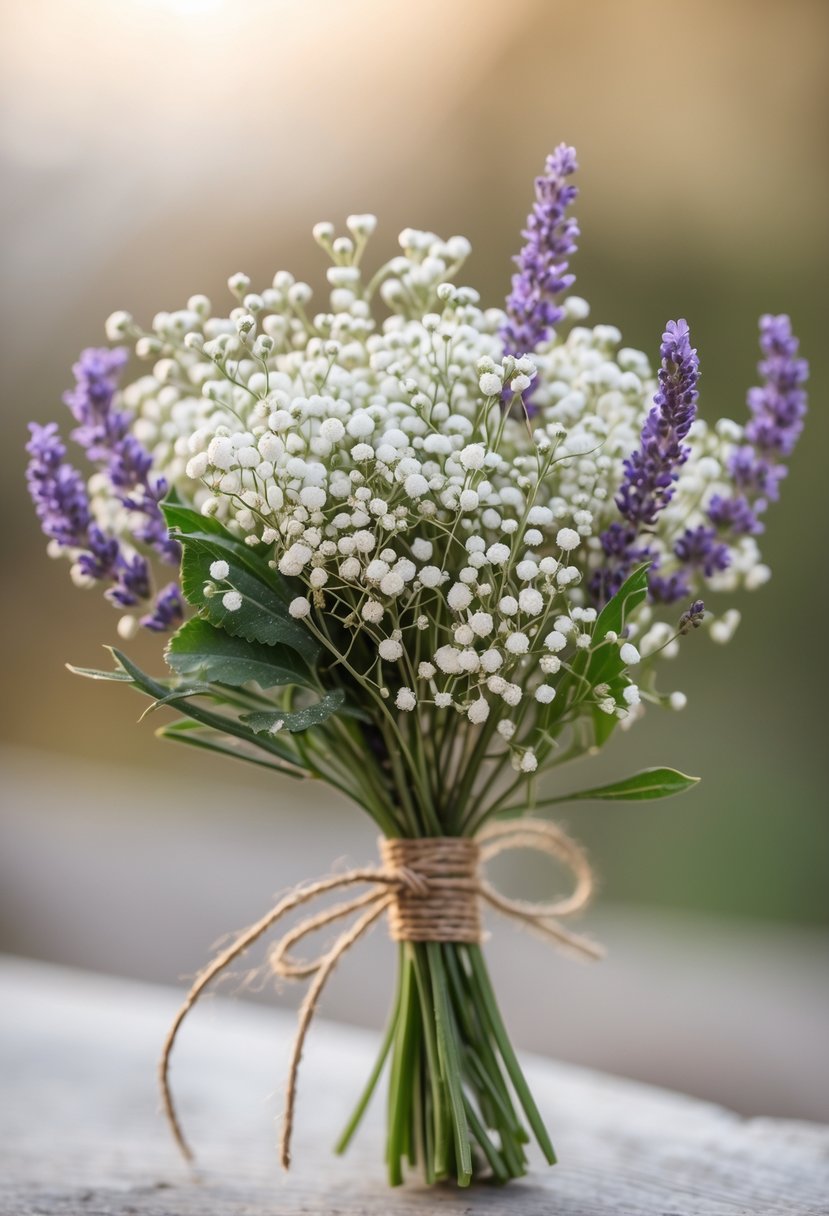 A small wedding bouquet made of baby's breath and lavender flowers with green leaves.