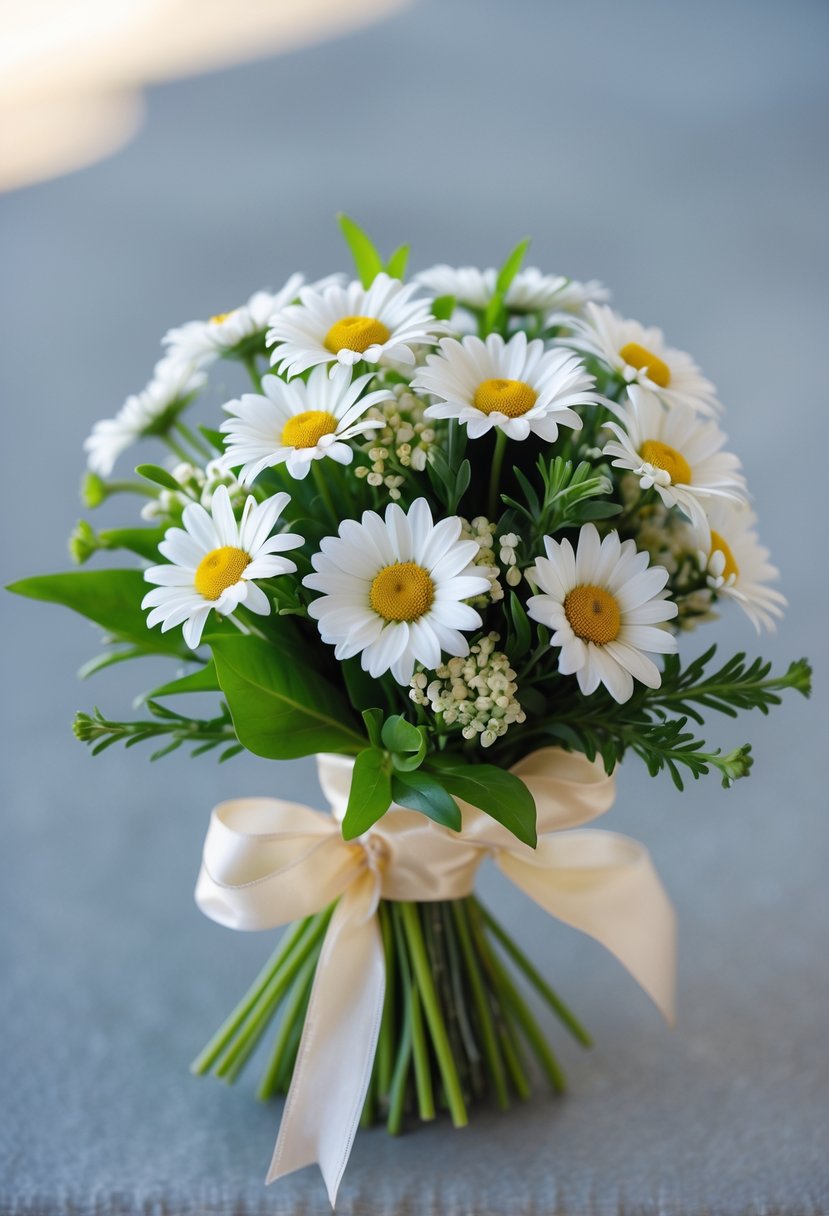 A small wedding bouquet made of white mini daisies with yellow centers and green leaves, tied with a light ribbon.