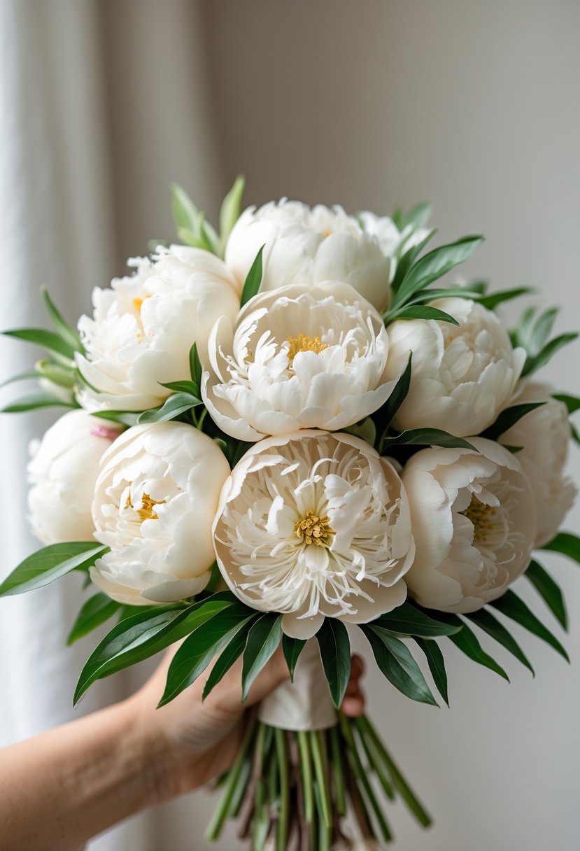 Small bouquet of ivory peonies with green leaves against a soft blurred background.