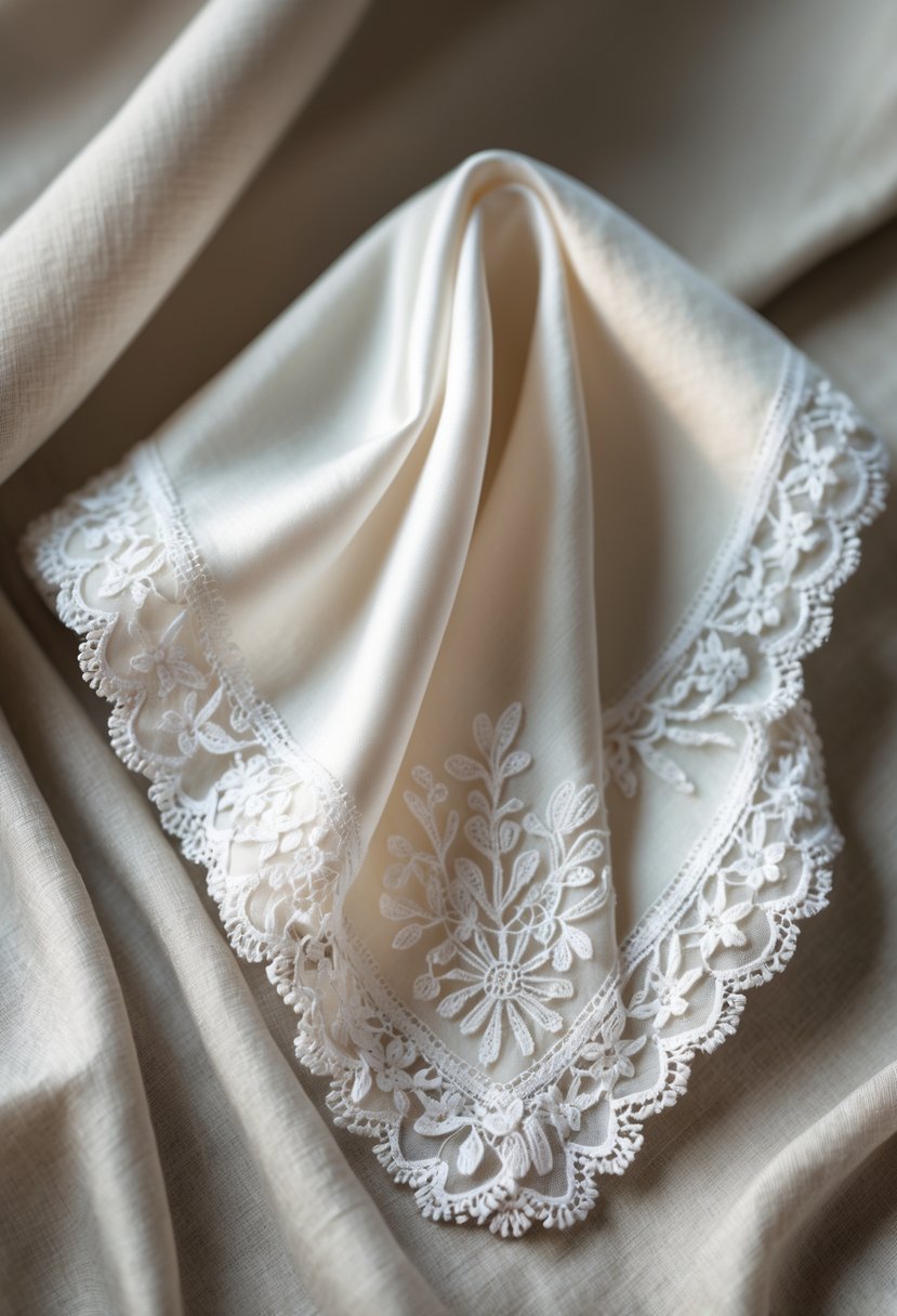 A delicate lace-trimmed wedding handkerchief folded on a soft fabric background.