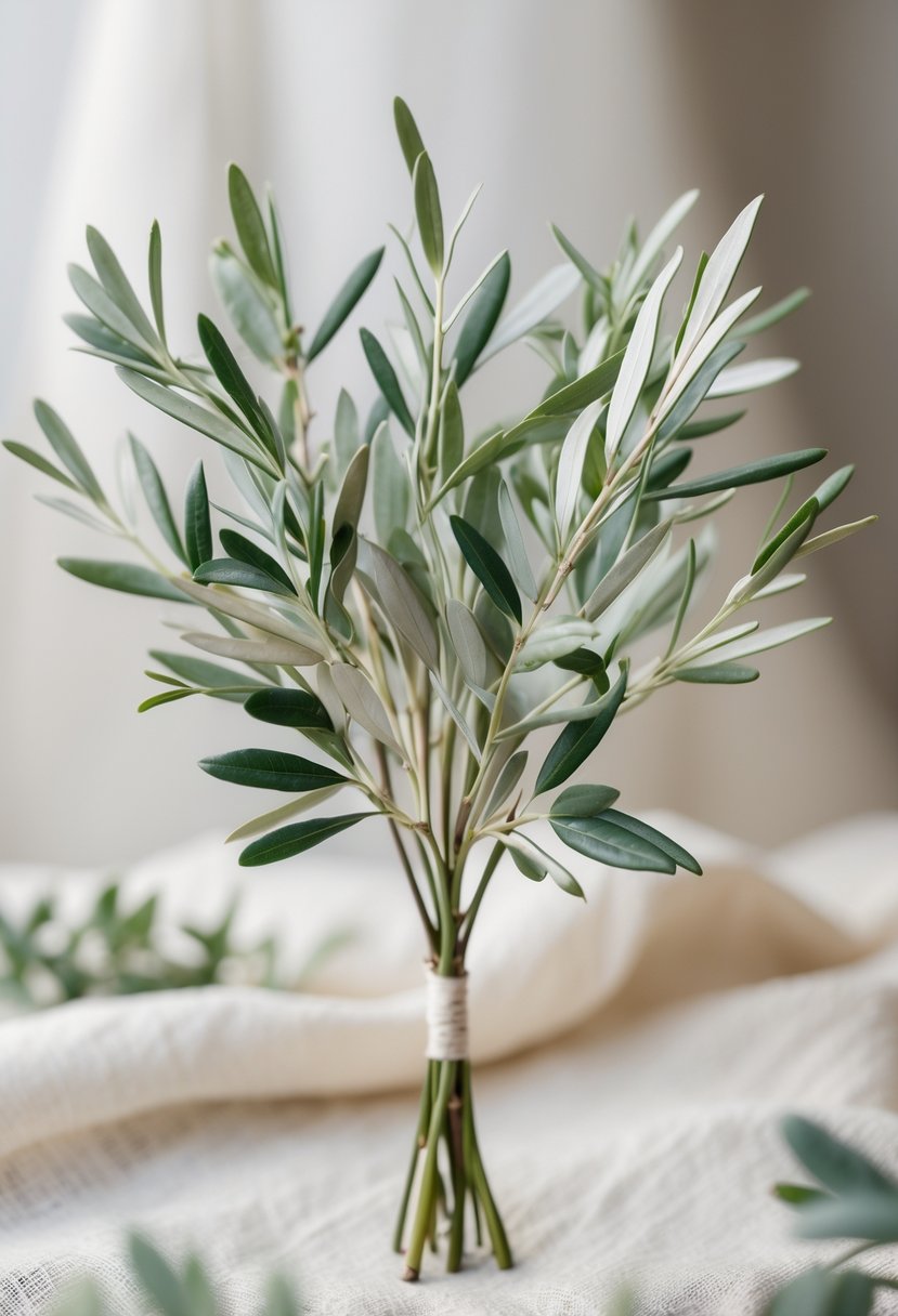 A small wedding bouquet made of green olive branches against a soft, neutral background.