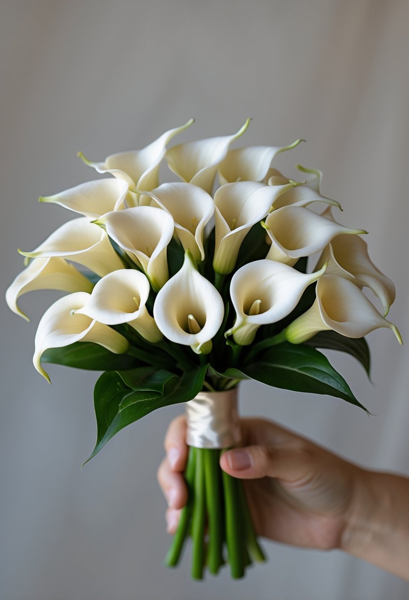 A small cluster of white mini calla lilies arranged in a simple wedding bouquet held against a neutral background.