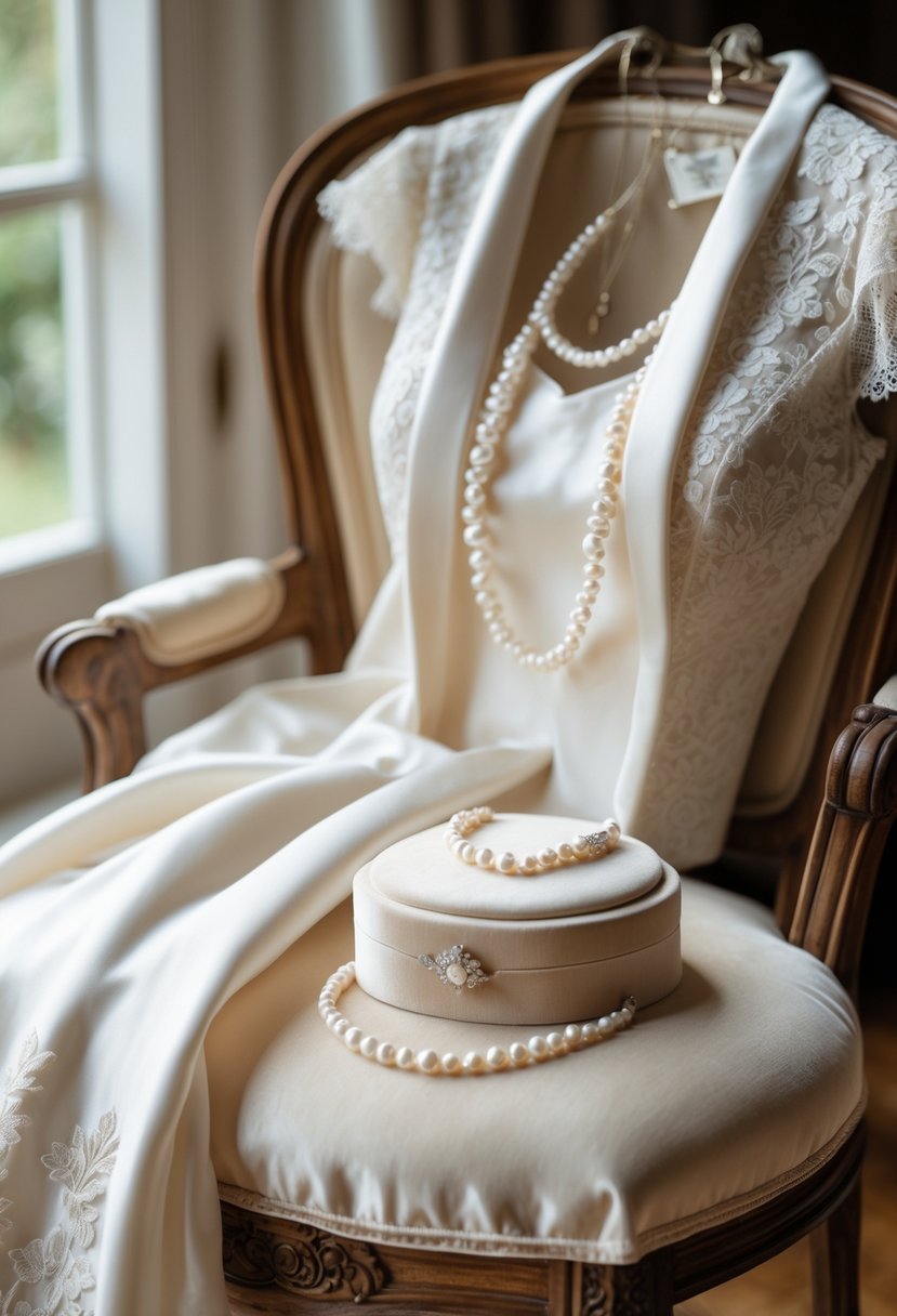 A white wedding dress draped over a chair with a pearl necklace, earrings, and bracelet displayed on a cushion in front.