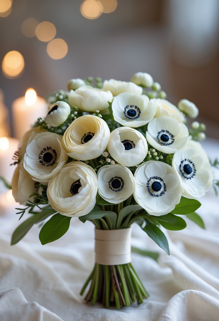 A small wedding bouquet made of white ranunculus and anemone flowers with green leaves, held together by a simple ribbon.