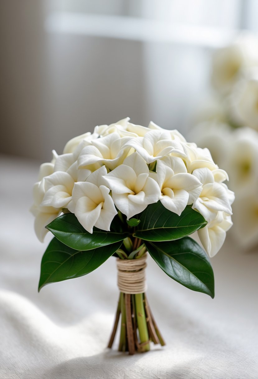 A small hand-tied bouquet of white gardenia flowers with green leaves on a blurred background.