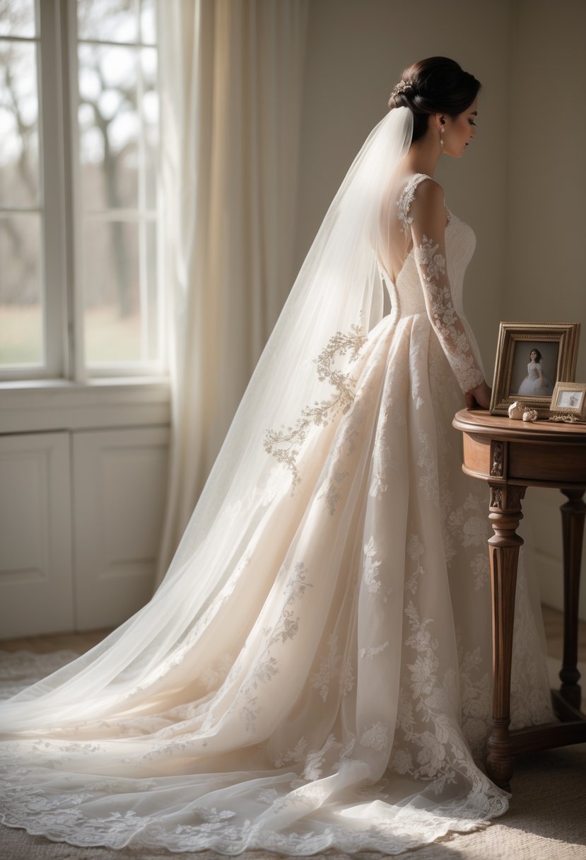 A wedding dress with a flowing veil displayed near a table holding keepsake items like a jewelry box and a framed photo.