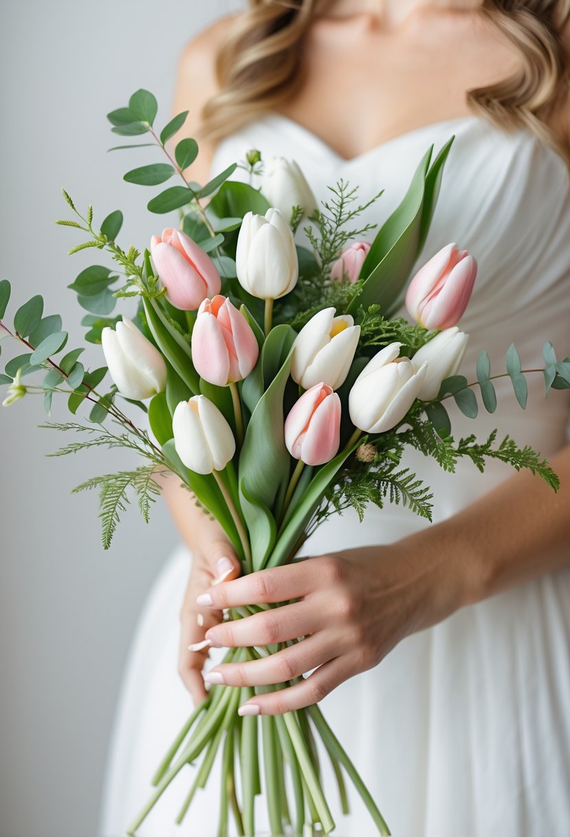 A small wedding bouquet with white and pink tulips and green leaves held by a person in a white dress.