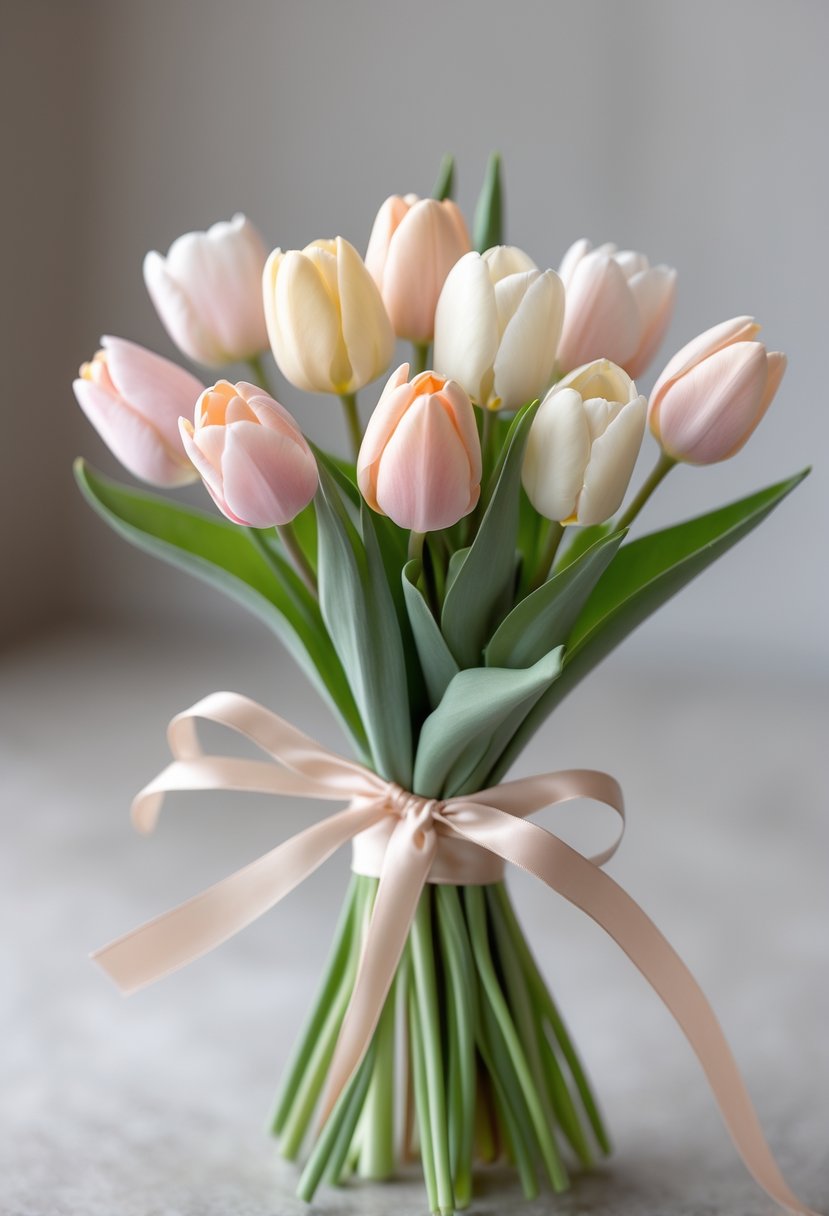 A small bouquet of pastel-colored tulips tied with a ribbon against a soft blurred background.