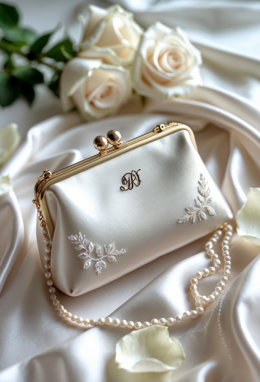 A personalized clutch purse resting on white satin fabric with rose petals and a pearl necklace nearby.