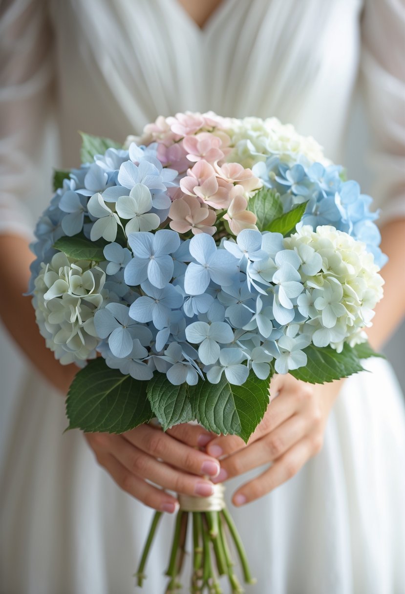 A small bouquet of pastel hydrangea flowers held by hands against a blurred neutral background.