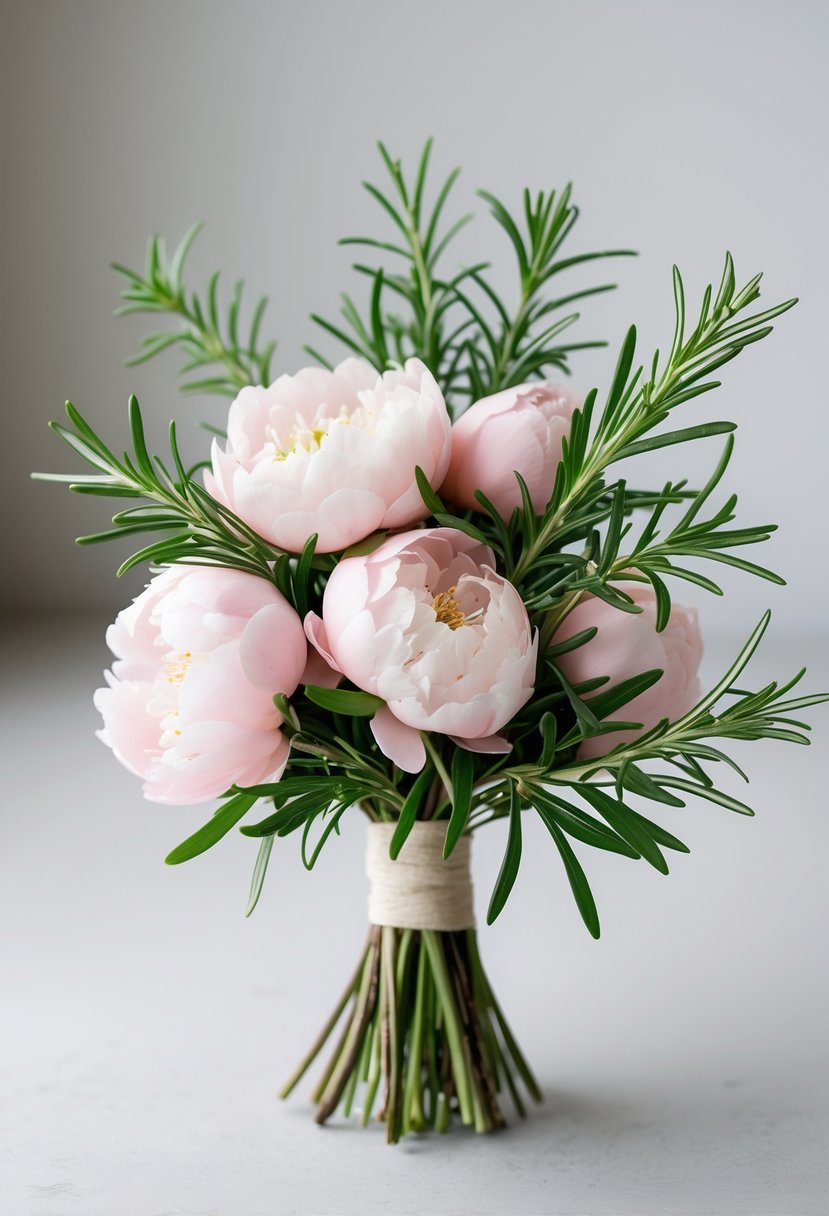 A small wedding bouquet made of pink peonies and green rosemary sprigs against a neutral background.