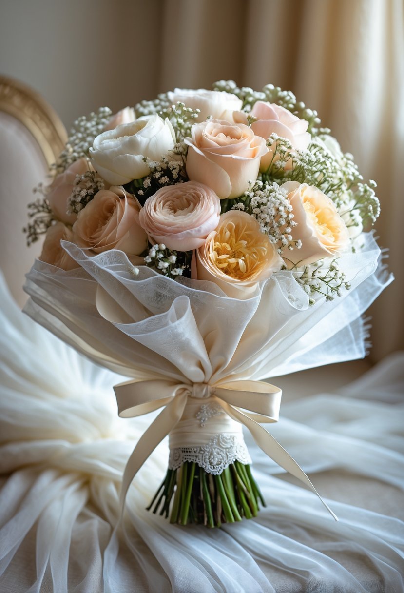 A wedding bouquet wrapped in delicate white dress fabric, resting on a soft surface with pastel flowers.