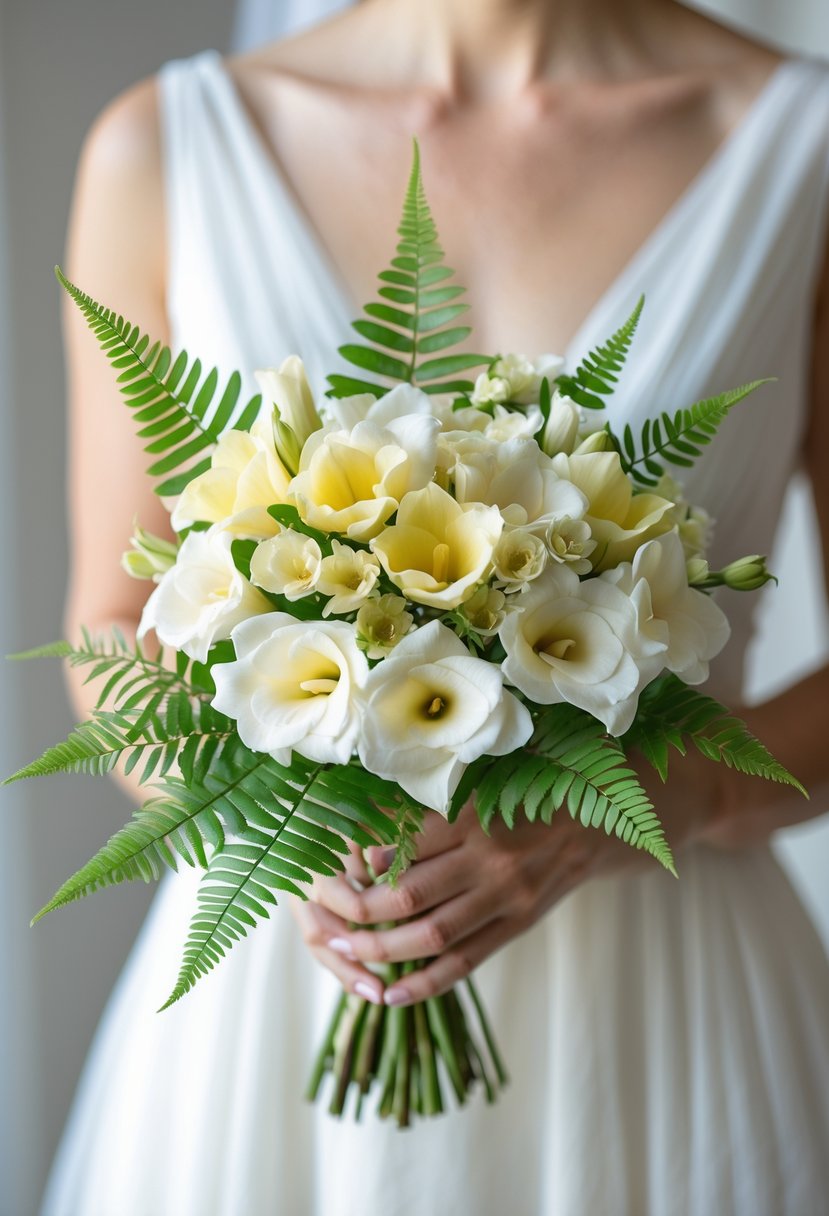 A small wedding bouquet of white and pale yellow freesia flowers mixed with green fern leaves held by a bride.