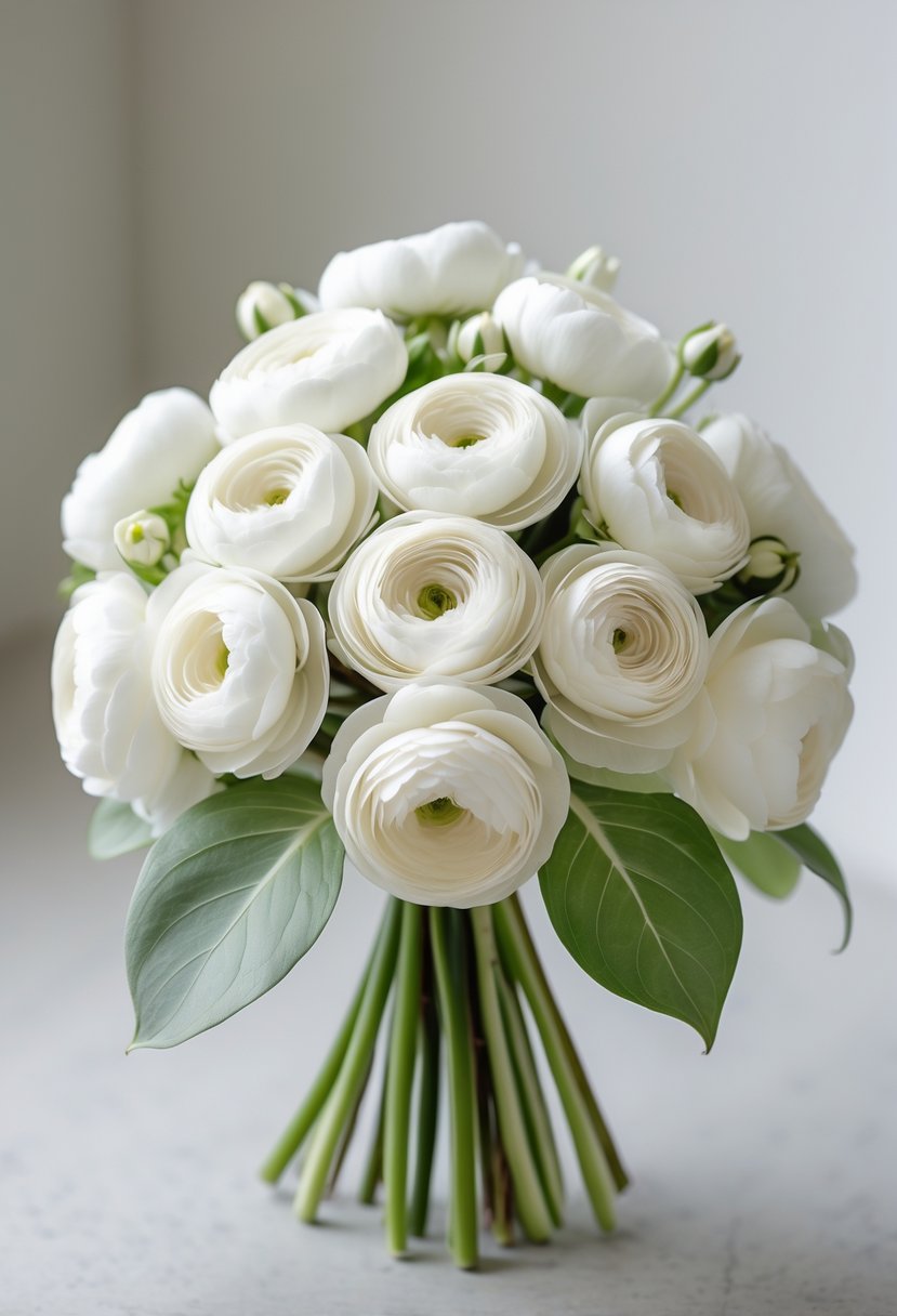 Small bouquet of white ranunculus flowers with green leaves on a neutral background.