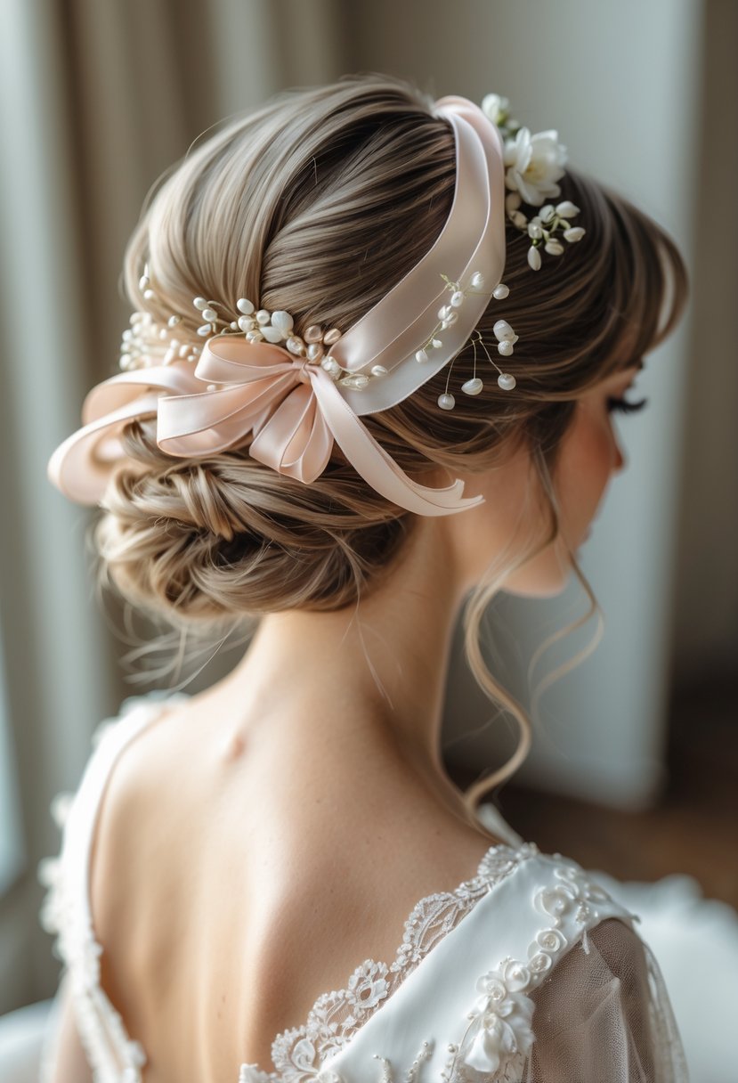 Close-up of a bride's hairstyle adorned with a silk ribbon hairpiece and part of her wedding dress.