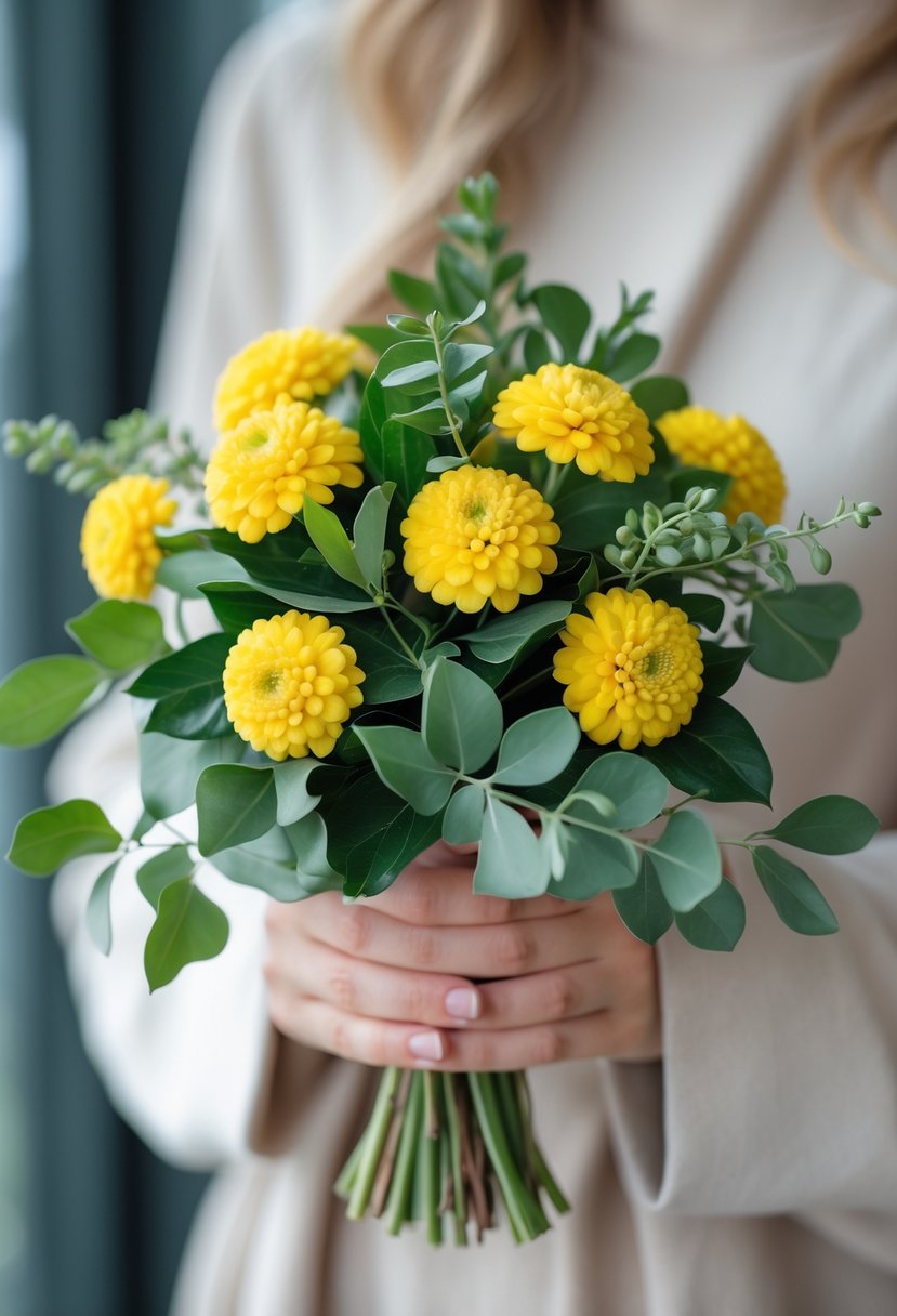 A small wedding bouquet with yellow Craspedia flowers and green Ruscus leaves held by a person.