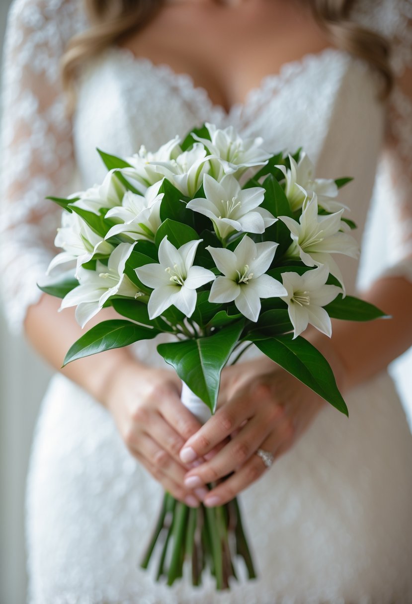 A small wedding bouquet of white stephanotis flowers with green leaves held by a bride.