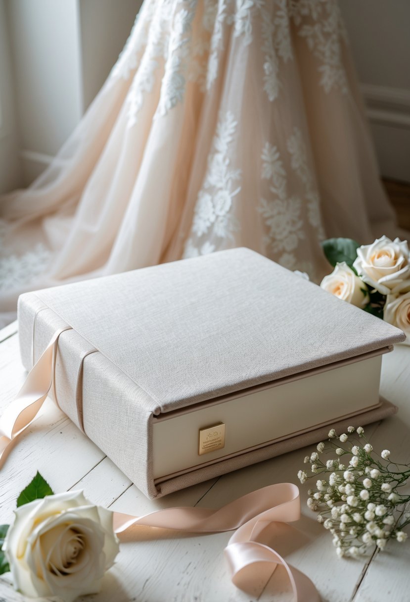 A keepsake photo album with a fabric cover placed near a lace wedding dress and white flowers on a wooden surface.