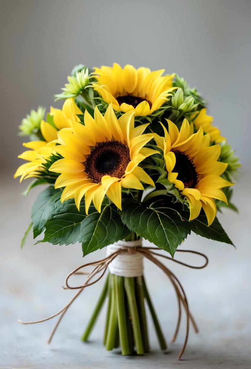 A small bouquet of bright yellow sunflowers with green leaves tied together with a ribbon, placed against a soft blurred background.