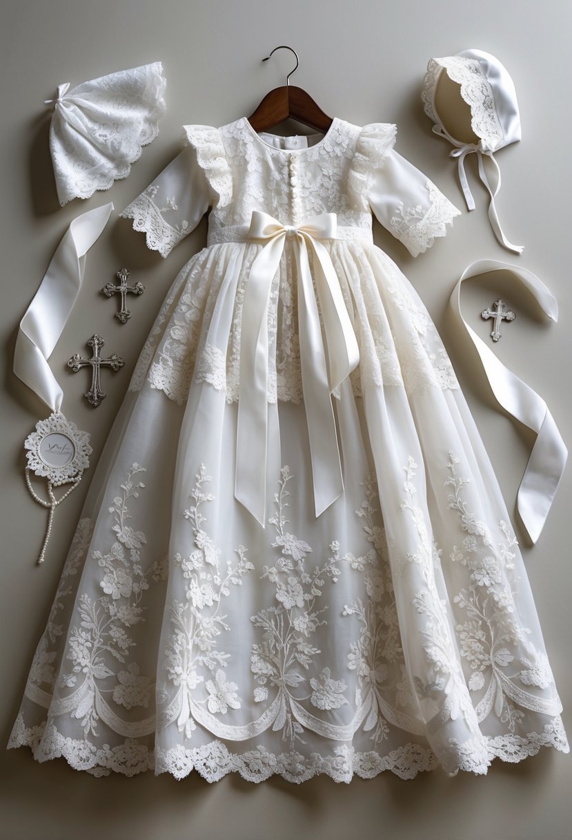 A white lace christening gown displayed with a lace bonnet and a small silver cross on a neutral background.