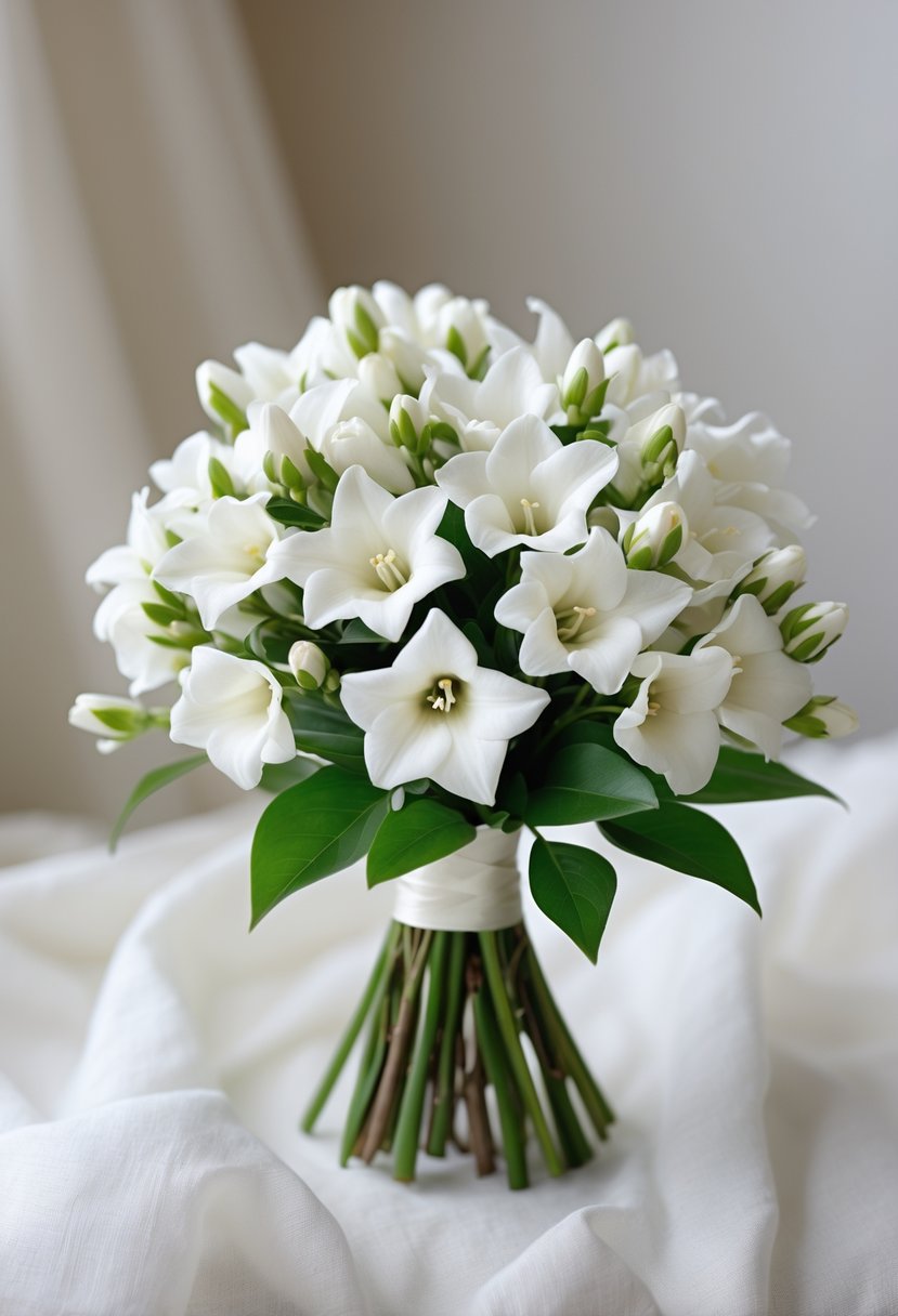 A small bouquet of white freesia flowers with green stems on a light blurred background.