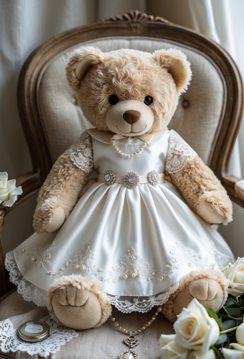 A teddy bear wearing a white wedding dress sits on a wooden chair surrounded by wedding keepsake items like white roses and a silver locket.