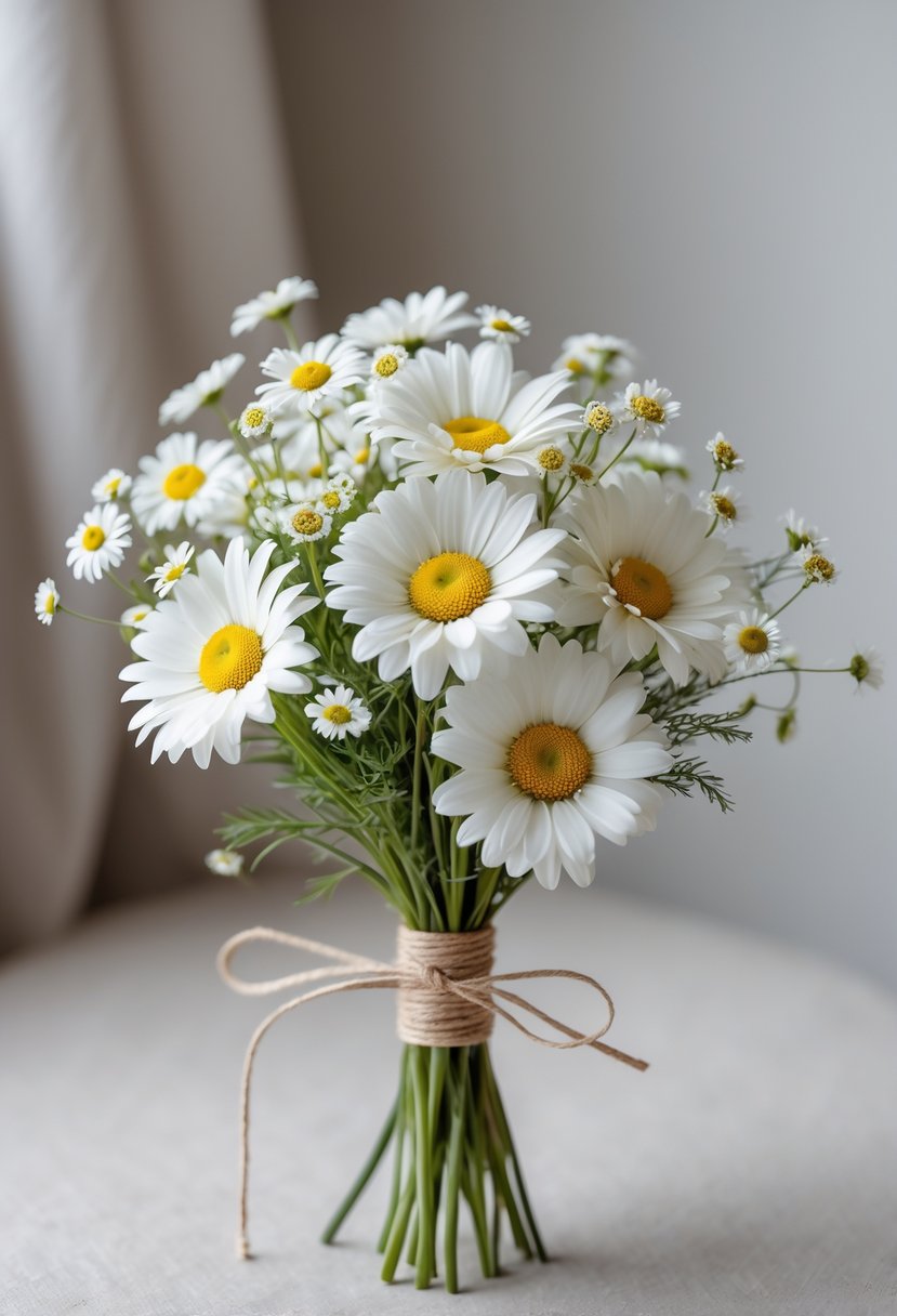 A small wedding bouquet of white daisies and chamomile flowers tied with twine on a neutral background.