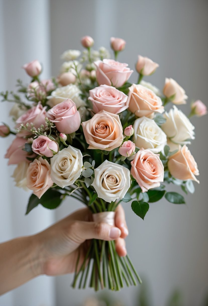 A small bouquet of pastel spray roses with green leaves held against a blurred neutral background.
